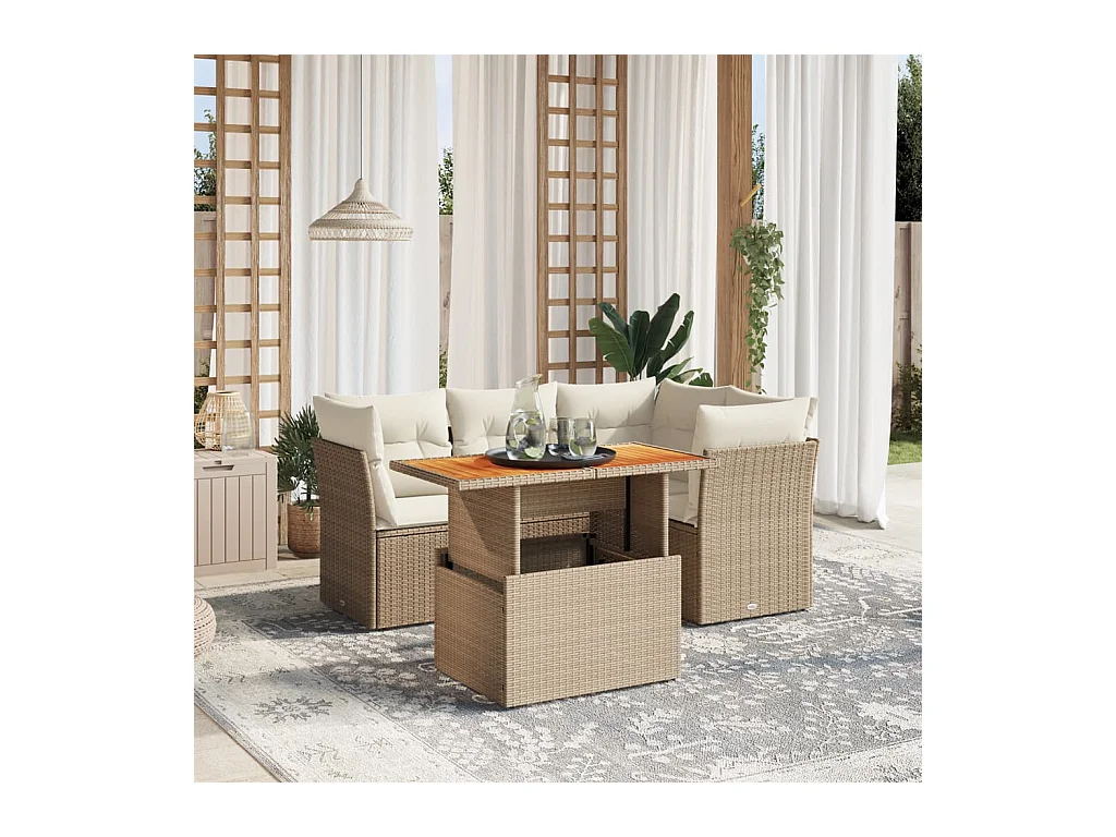 Salon de jardin avec coussins 5 pcs beige résine tressée