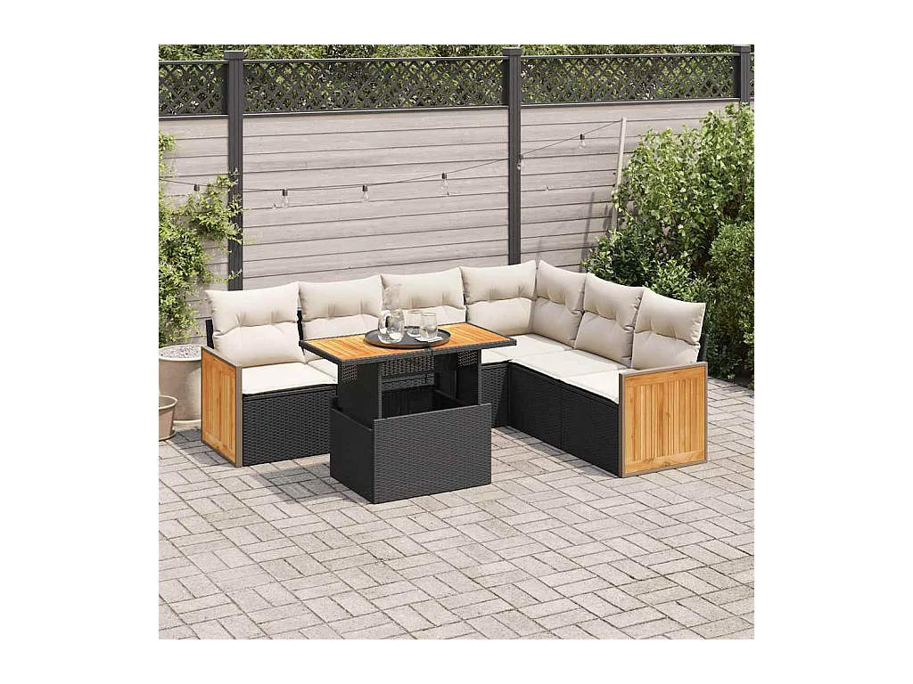 Set Divani da Giardino con Cuscini 7pz Nero Polyrattan Acacia