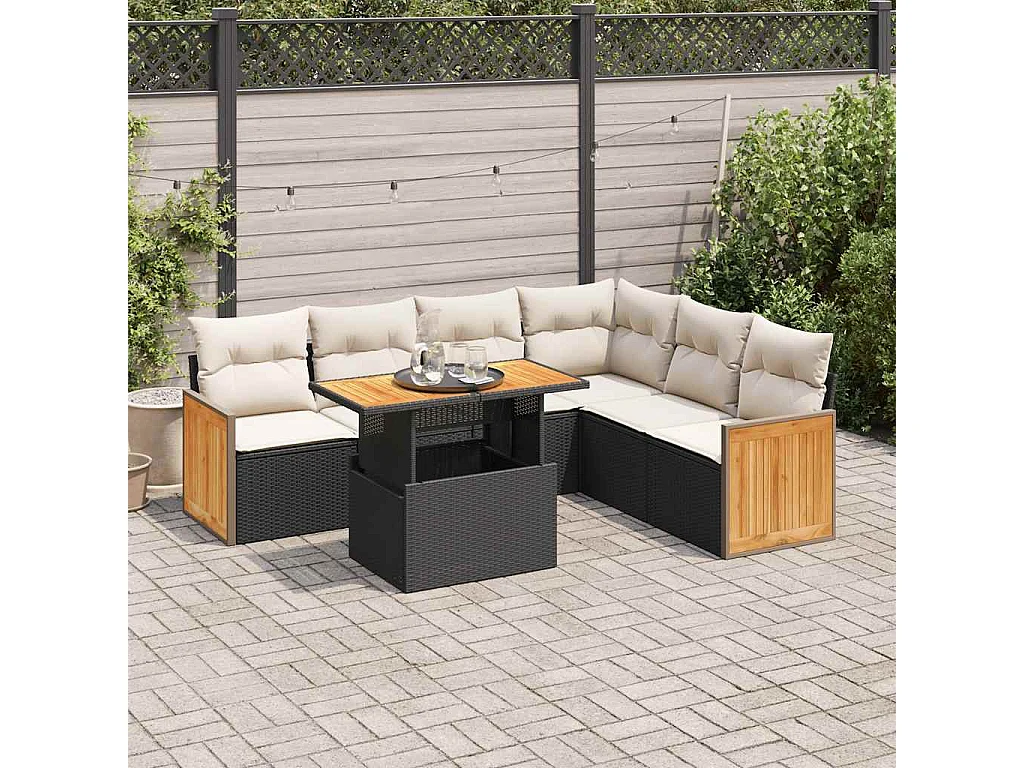 7-tlg. Garten-Sofagarnitur mit Kissen Schwarz Poly Rattan