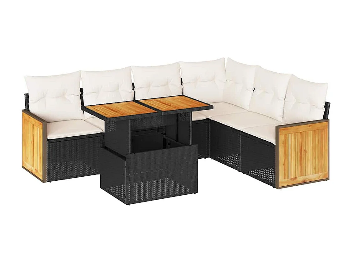 7-tlg. Garten-Sofagarnitur mit Kissen Schwarz Poly Rattan