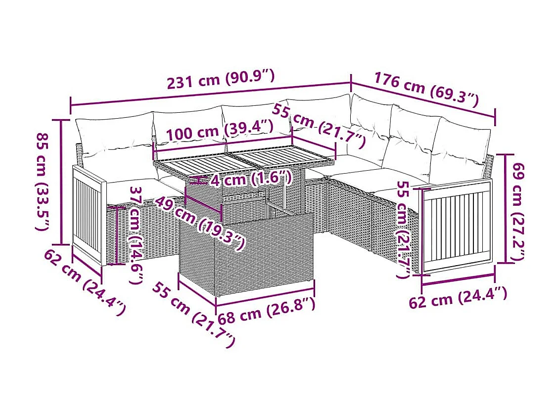 7-tlg. Garten-Sofagarnitur mit Kissen Schwarz Poly Rattan