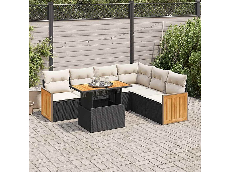 7-tlg. Garten-Sofagarnitur mit Kissen Schwarz Poly Rattan