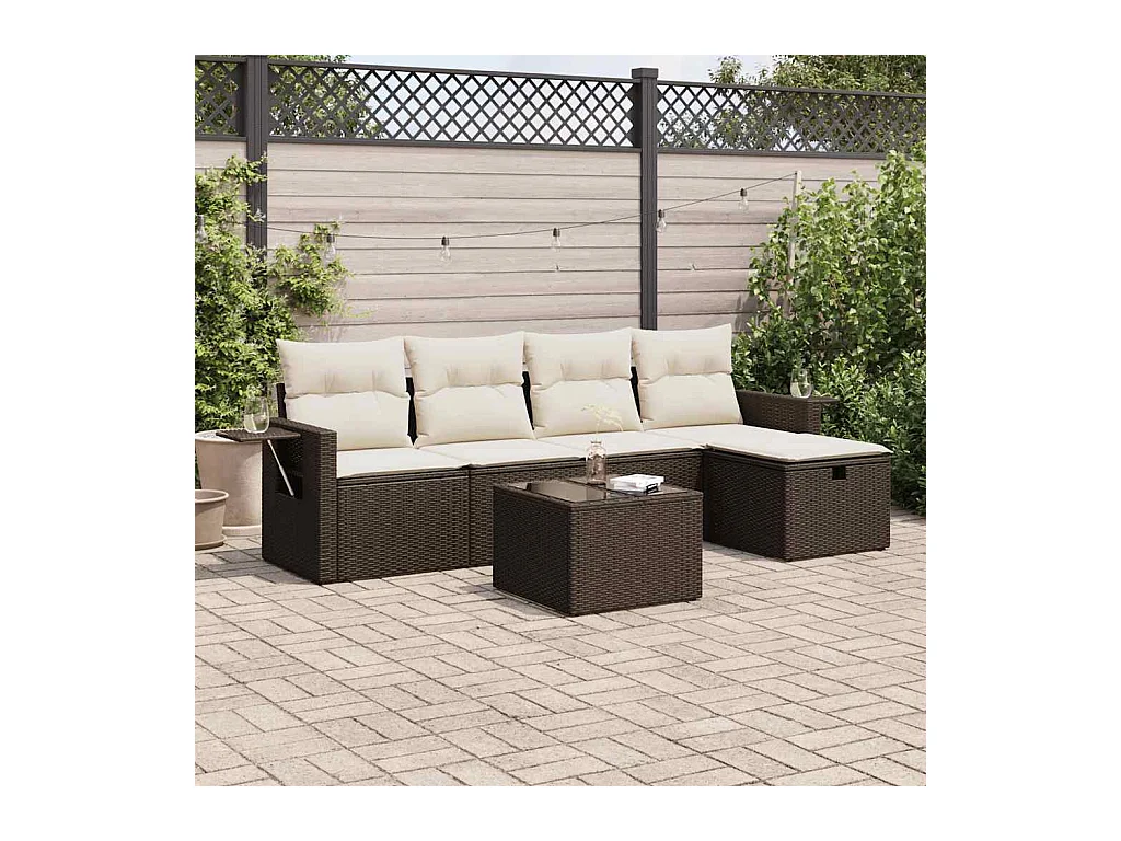 Set Divano da Giardino 6 pz con Cuscini Marrone in Polyrattan