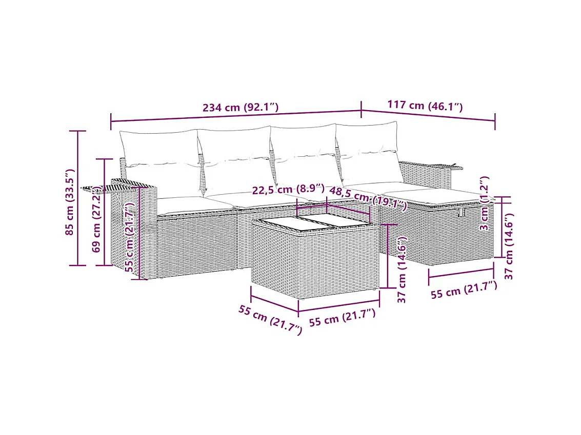 Salon de jardin avec coussins 6 pcs marron résine tressée