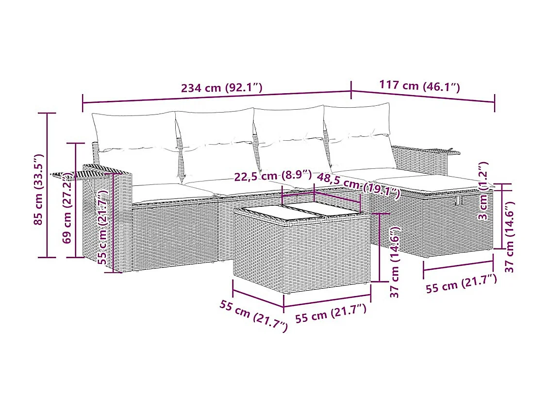 Set Divano da Giardino 6 pz con Cuscini Marrone in Polyrattan