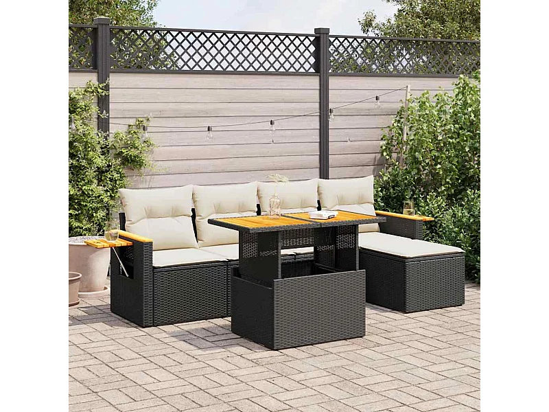 Salon de jardin 6 pcs avec coussins noir résine tressée acacia