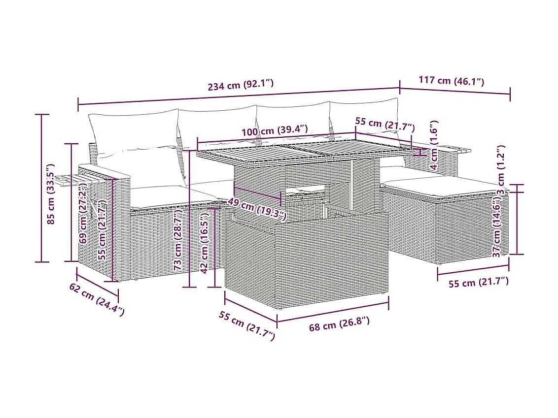 Salon de jardin 6 pcs avec coussins noir résine tressée acacia
