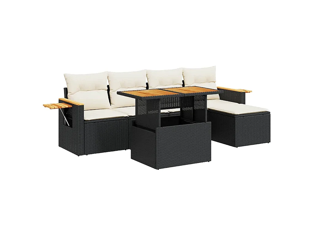 6-delige Loungeset met kussens poly rattan acacia zwart