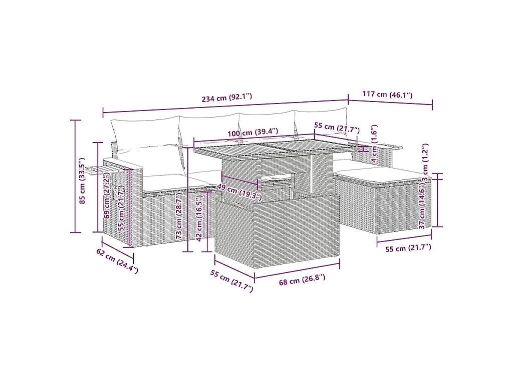 6-delige Loungeset met kussens poly rattan acacia zwart