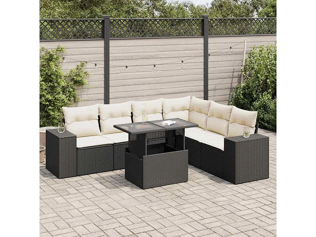 7-tlg. Garten-Sofagarnitur mit Kissen Schwarz Poly Rattan