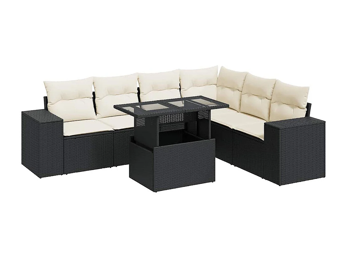 7-tlg. Garten-Sofagarnitur mit Kissen Schwarz Poly Rattan