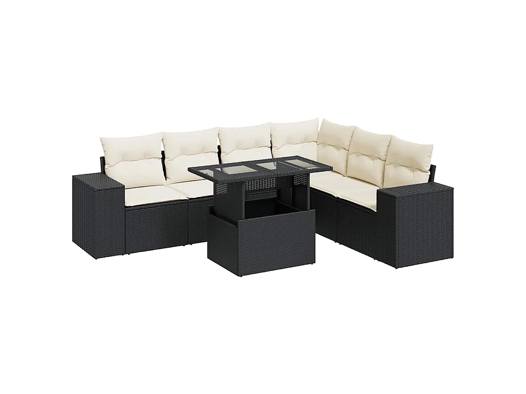 7-tlg. Garten-Sofagarnitur mit Kissen Schwarz Poly Rattan