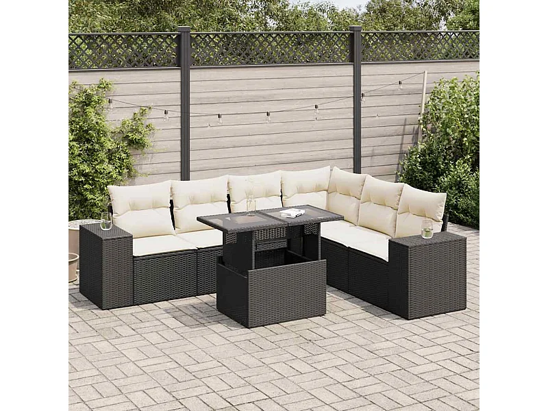 7-tlg. Garten-Sofagarnitur mit Kissen Schwarz Poly Rattan