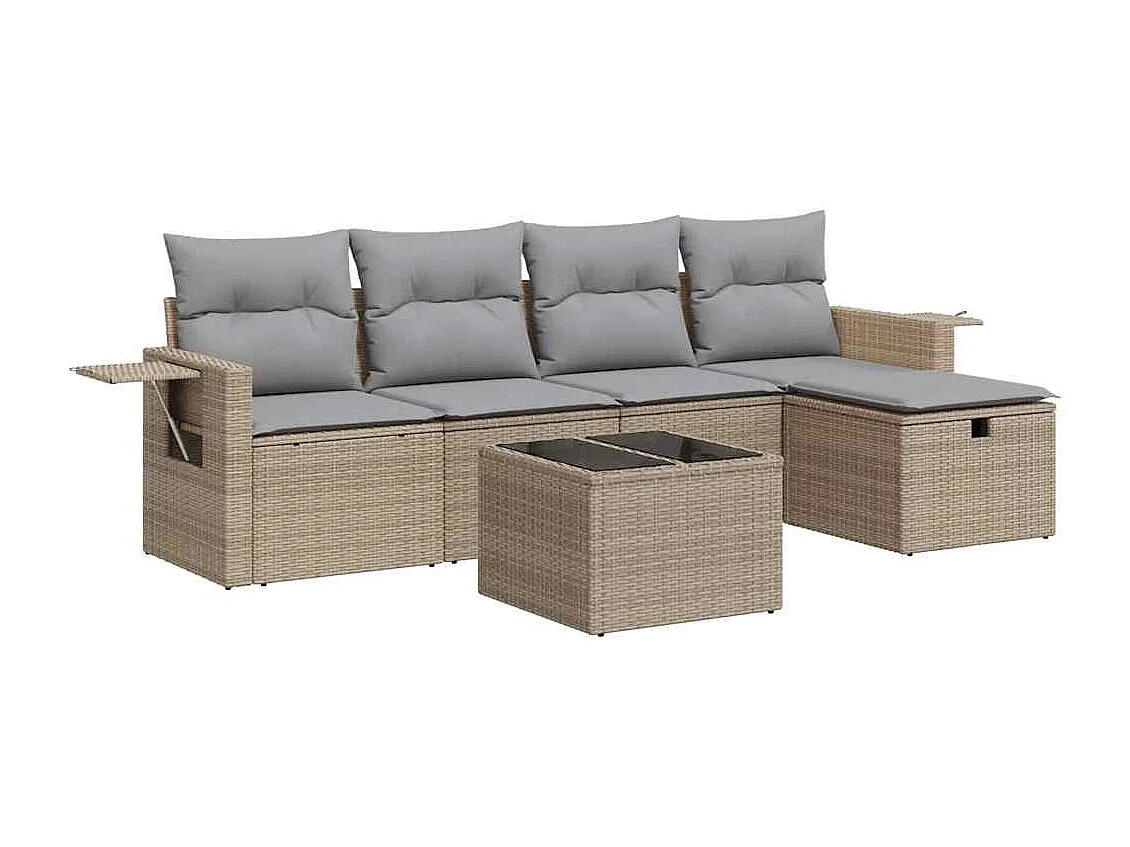6-delige Loungeset met kussens poly rattan beige