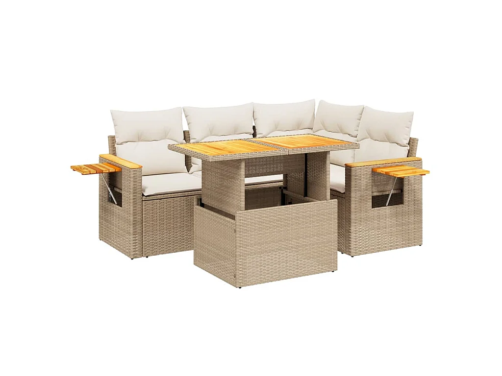 5-delige Loungeset met kussens poly rattan beige