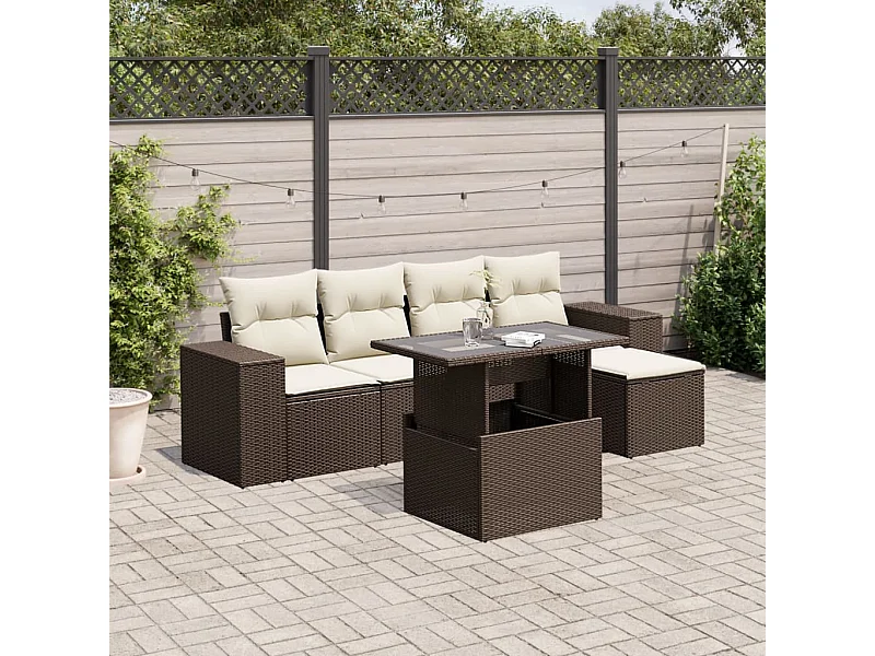 Set Divano da Giardino 6 pz con Cuscini Marrone in Polyrattan
