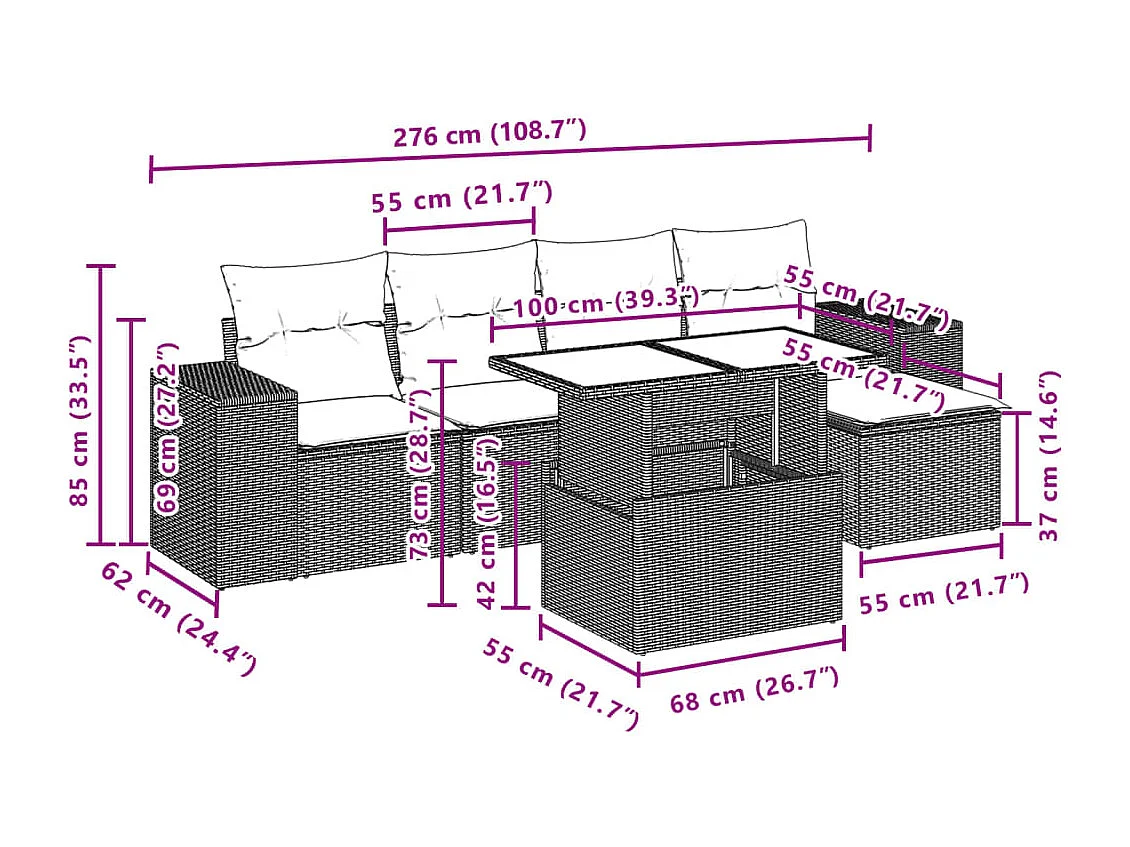 Salon de jardin avec coussins 6 pcs marron résine tressée