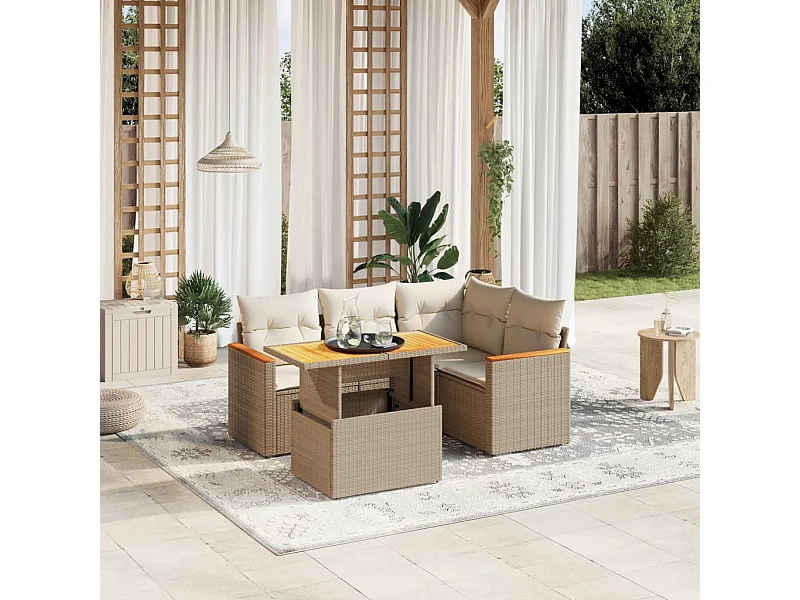 Salon de jardin avec coussins 5 pcs beige résine tressée