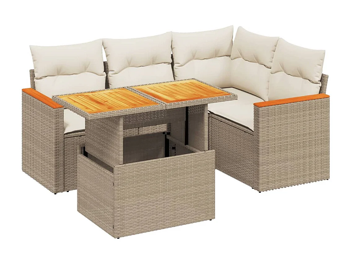 5-tlg. Garten-Sofagarnitur mit Kissen Beige Poly Rattan
