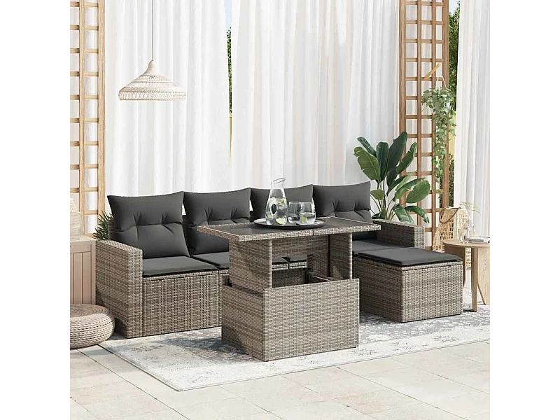 6-tlg. Garten-Sofagarnitur mit Kissen Grau Poly Rattan