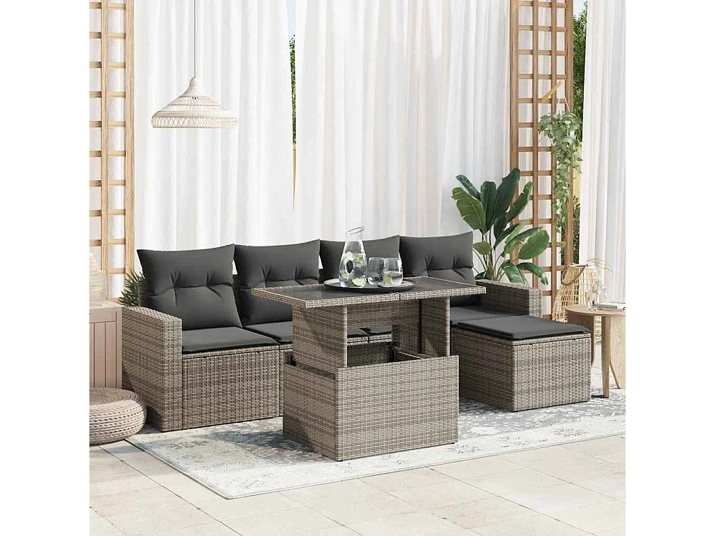 6-tlg. Garten-Sofagarnitur mit Kissen Grau Poly Rattan