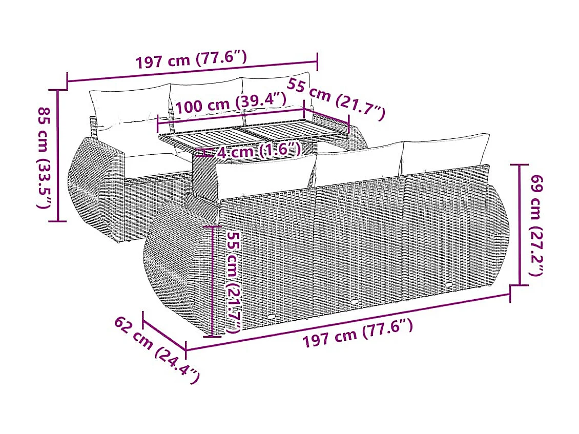 7-tlg. Garten-Sofagarnitur mit Kissen Grau Poly Rattan