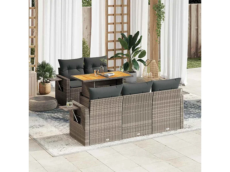 Salon de jardin 6 pcs avec coussins gris résine tressée