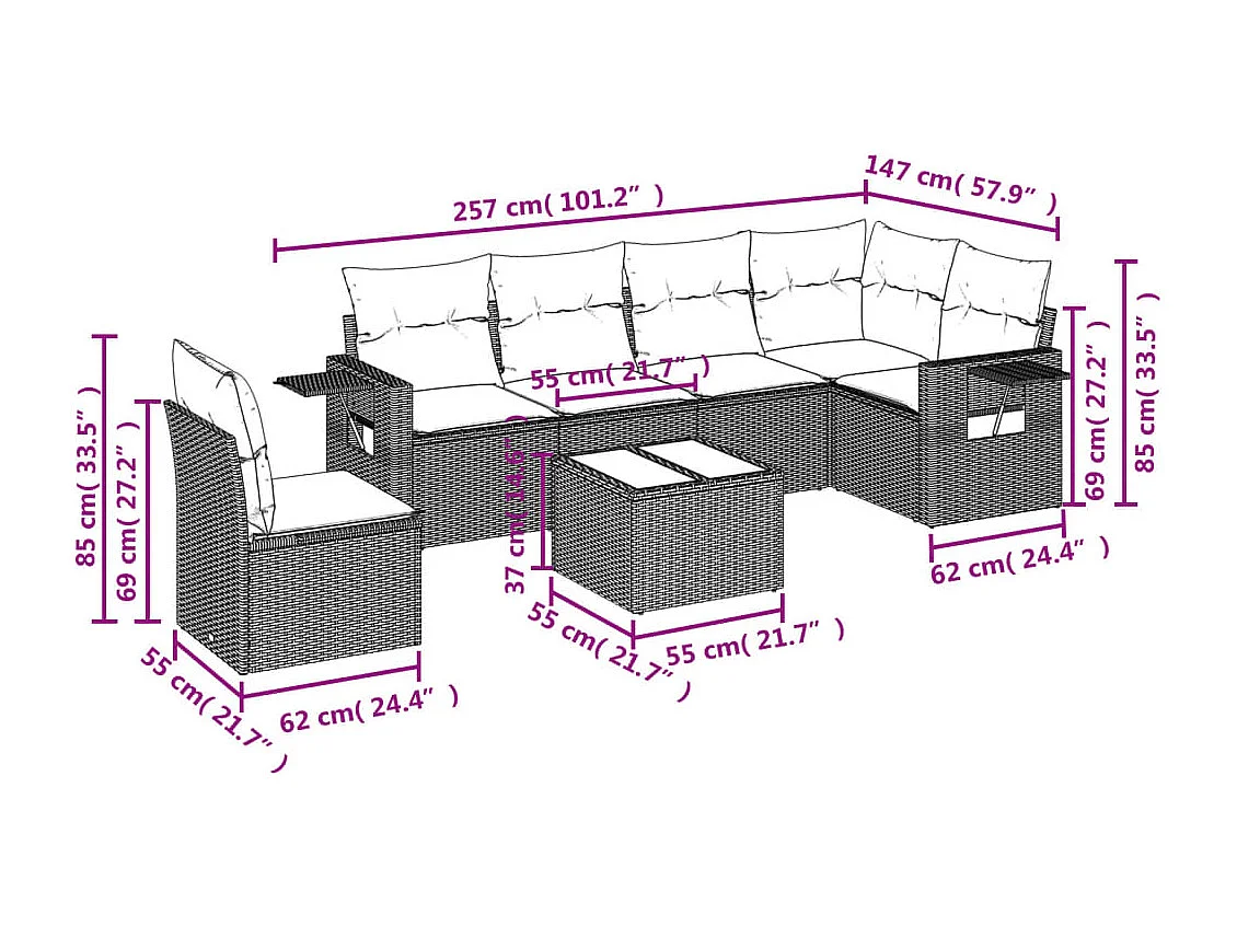7-tlg. Garten-Sofagarnitur mit Kissen Braun Poly Rattan