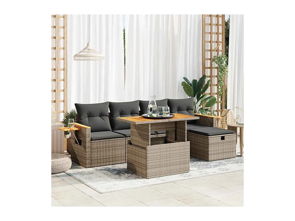 Set Divano da Giardino 6 pz con Cuscini Grigio in Polyrattan