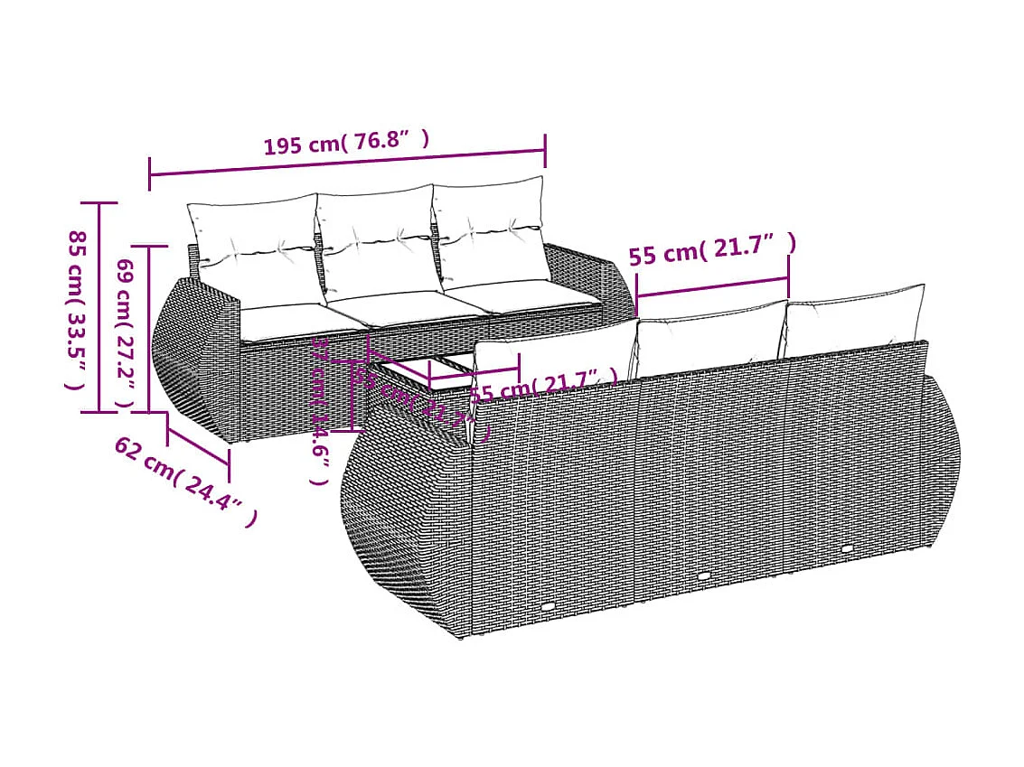 7-delige Loungeset met kussens poly rattan bruin