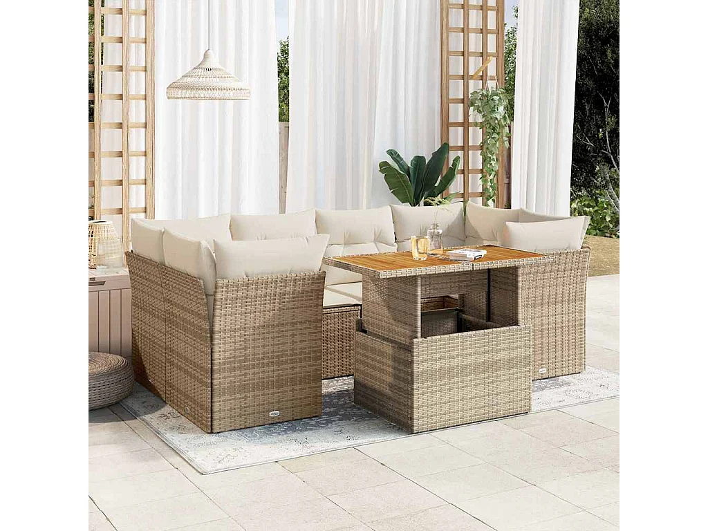 Salon de jardin avec coussins 7 pcs beige résine tressée