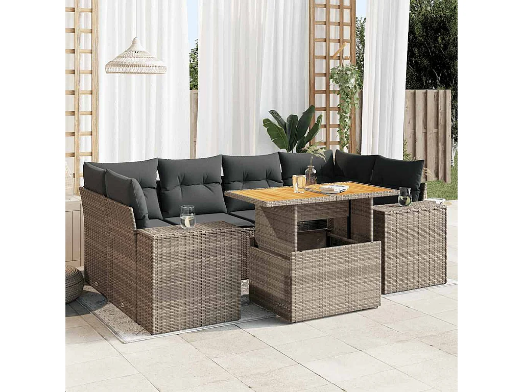 Salon de jardin avec coussins 7 pcs gris résine tressée