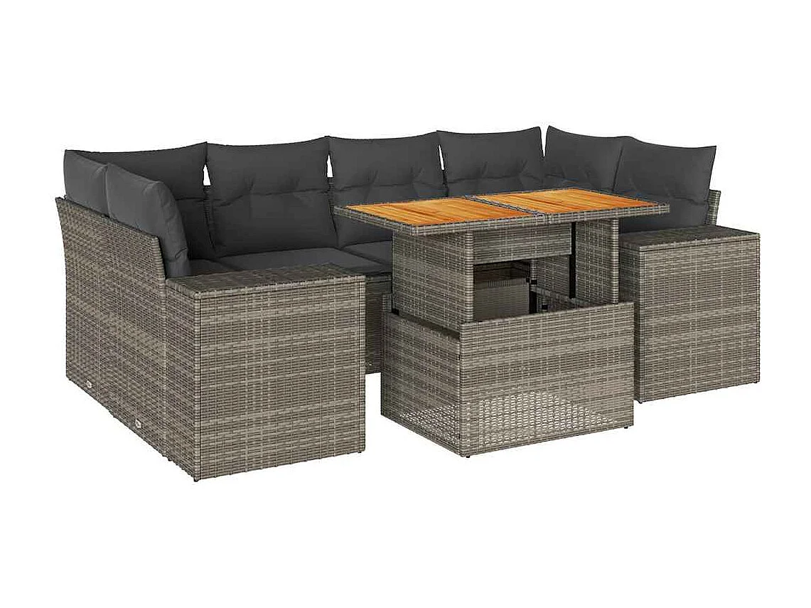 Salon de jardin avec coussins 7 pcs gris résine tressée