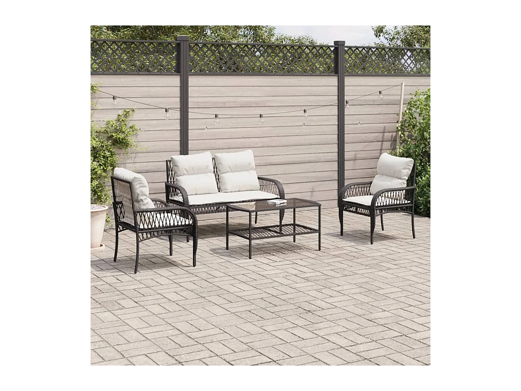Salon de jardin 4 pcs avec coussins noir résine tressée