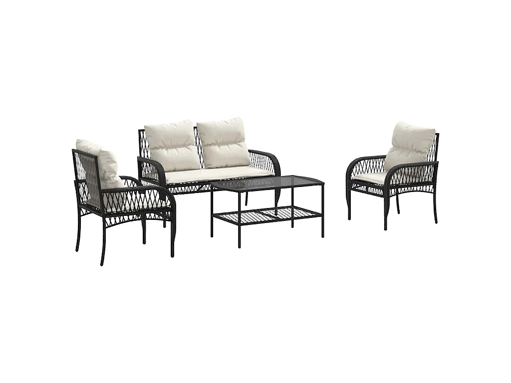 Salon de jardin 4 pcs avec coussins noir résine tressée