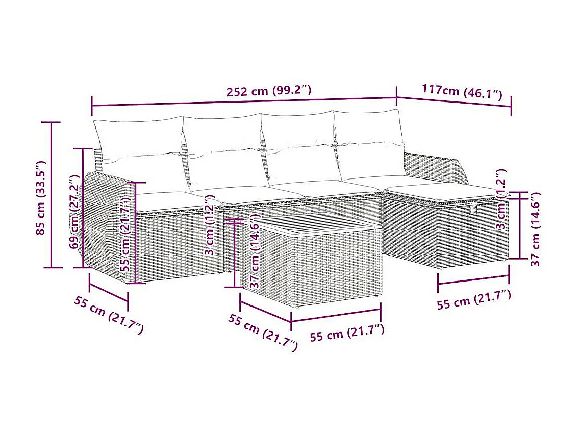 Salon de jardin avec coussins 6 pcs beige résine tressée