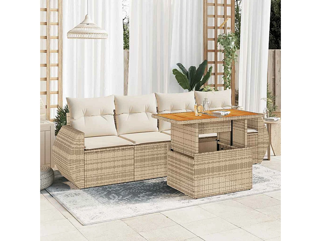 5-delige Loungeset met kussens poly rattan beige