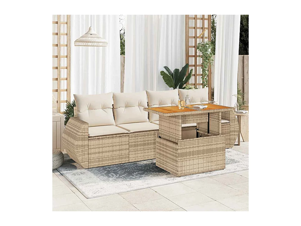 Salon de jardin avec coussins 5 pcs beige résine tressée