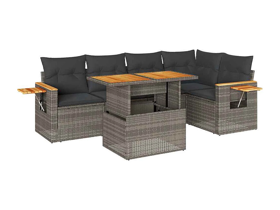 Salon de jardin avec coussins 6 pcs gris résine tressée acacia
