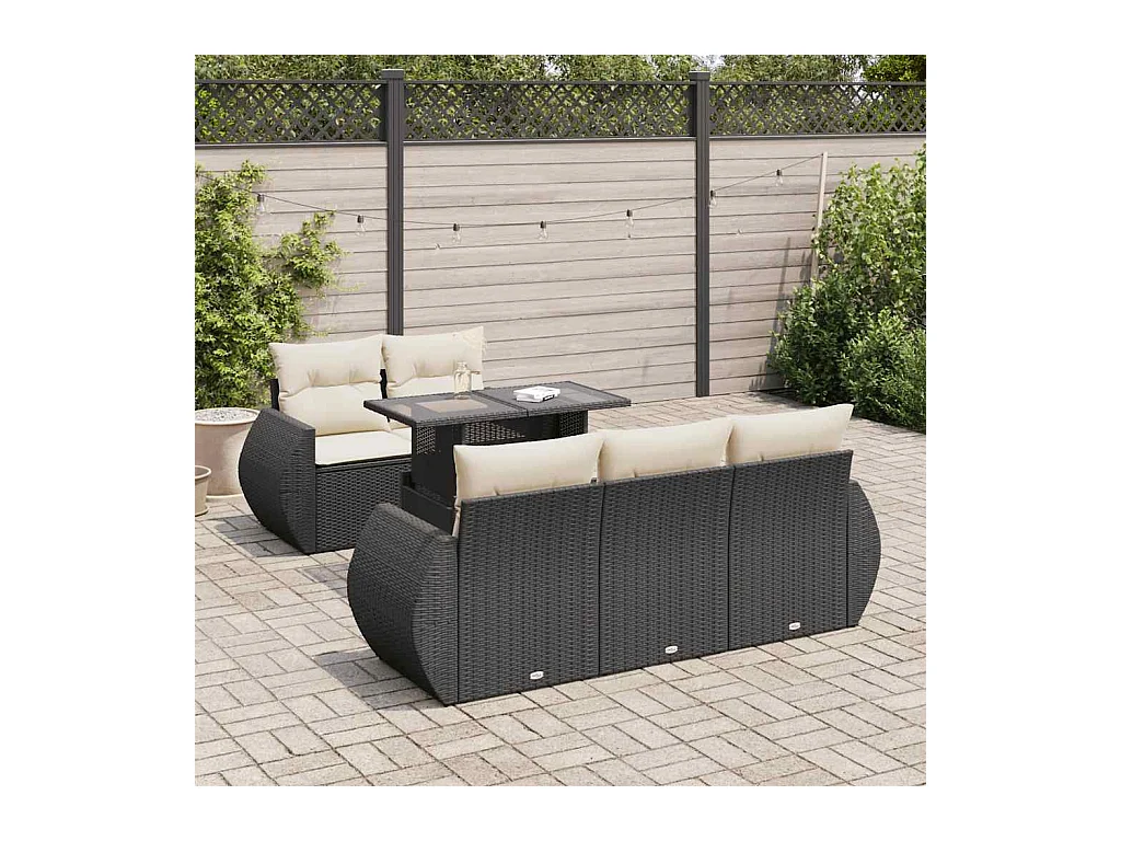 Salon de jardin 6 pcs avec coussins noir résine tressée