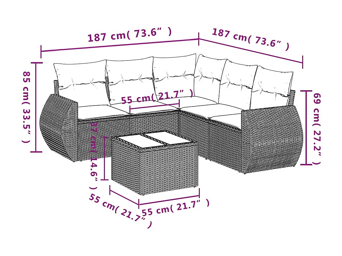 6-tlg. Garten-Sofagarnitur mit Kissen Braun Poly Rattan