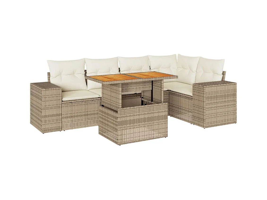 6-tlg. Garten-Sofagarnitur mit Kissen Beige Poly Rattan
