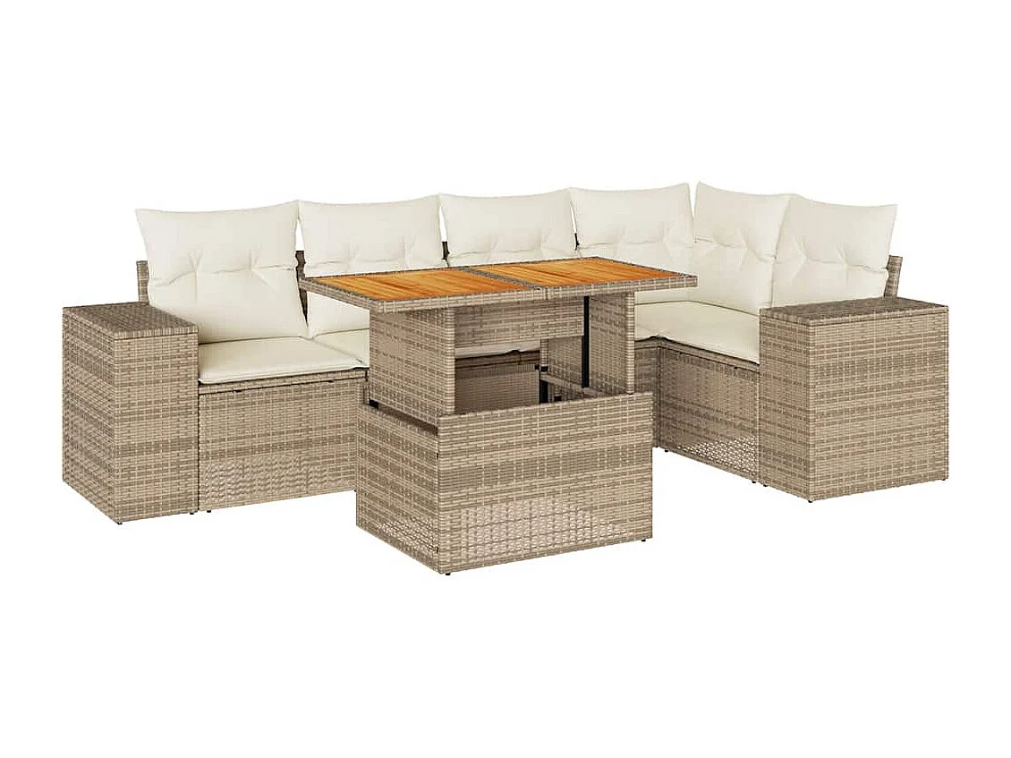 6-tlg. Garten-Sofagarnitur mit Kissen Beige Poly Rattan
