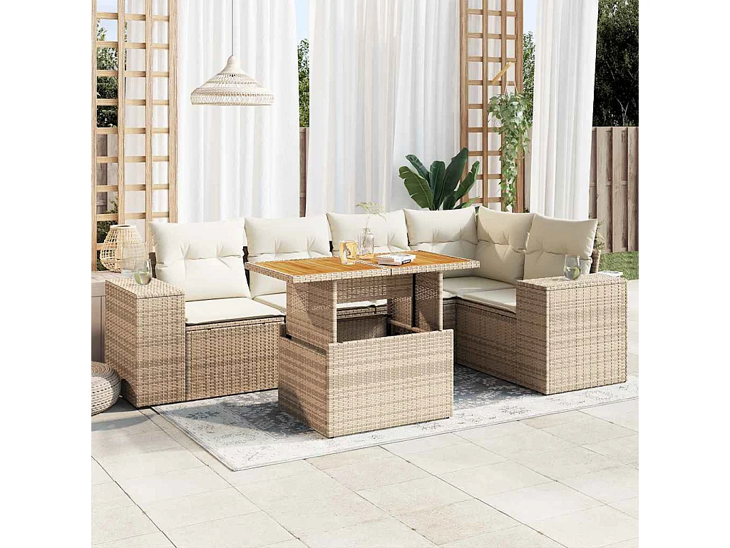 6-tlg. Garten-Sofagarnitur mit Kissen Beige Poly Rattan