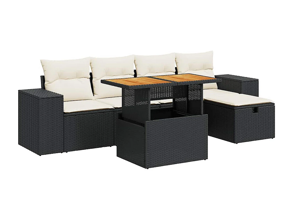 Set Divano da Giardino 6 pz con Cuscini Nero Polyrattan Acacia