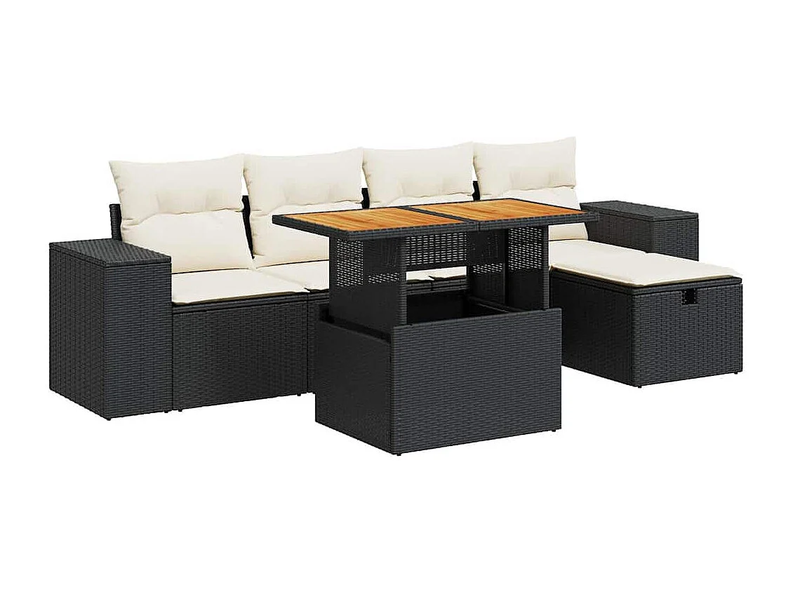 Set Divano da Giardino 6 pz con Cuscini Nero Polyrattan Acacia
