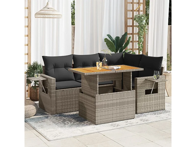 Salon de jardin 5 pcs avec coussins gris résine tressée