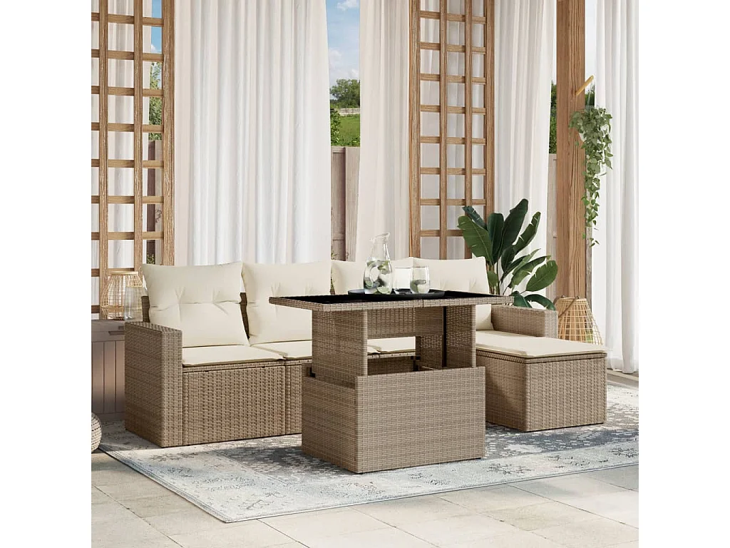 Set Divano da Giardino 6 pz con Cuscini Beige in Polyrattan