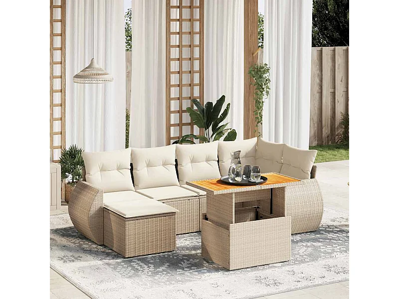 7-tlg. Garten-Sofagarnitur mit Kissen Beige Poly Rattan