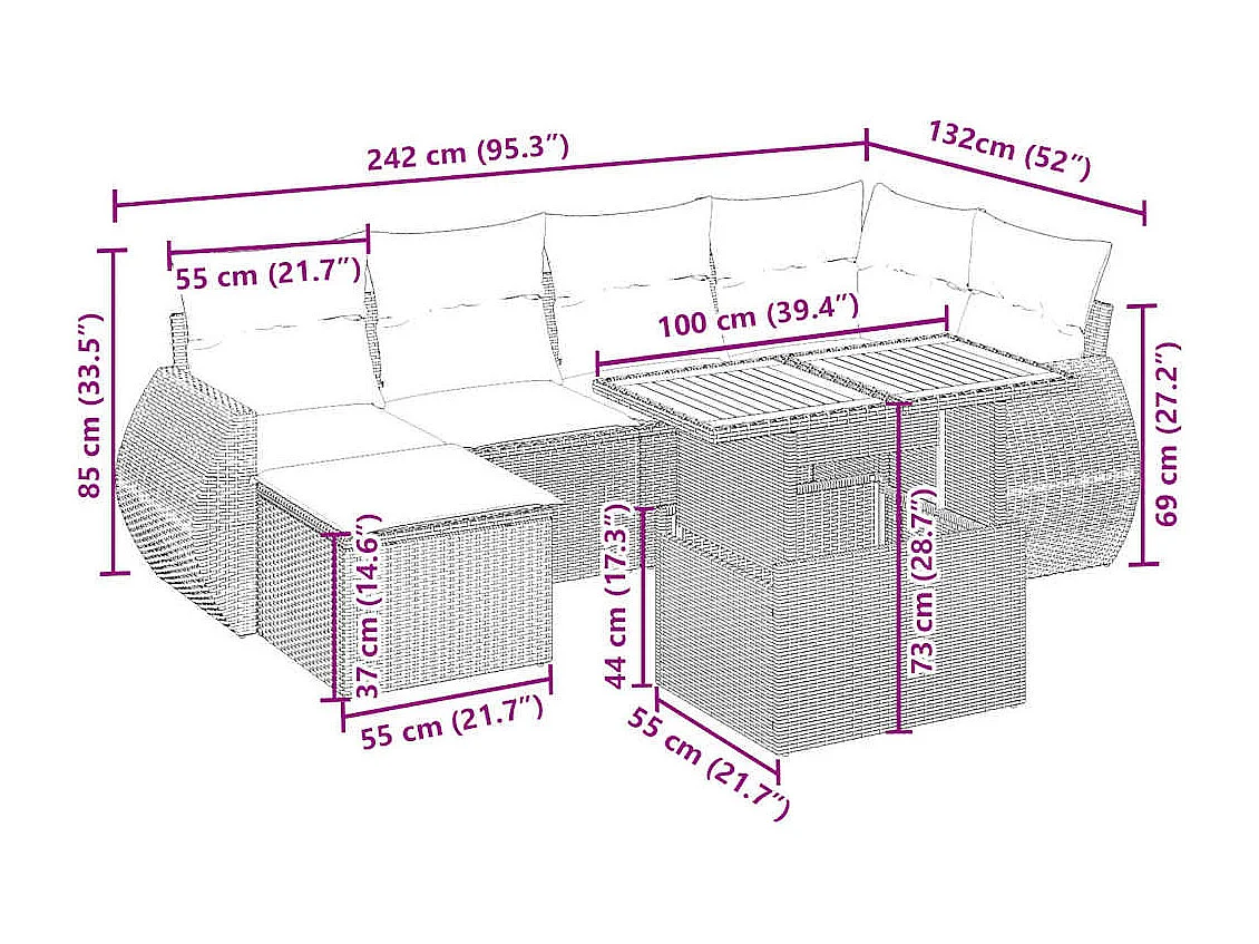 Salon de jardin avec coussins 7 pcs beige résine tressée